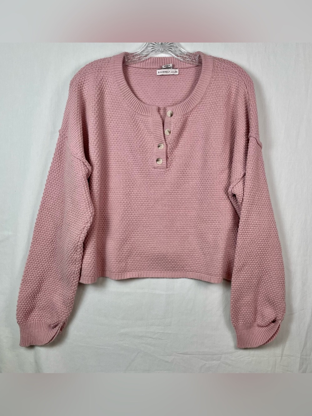 Sincerly Jules cropped Pink Waffle Knit Henley Pullover shirt medium